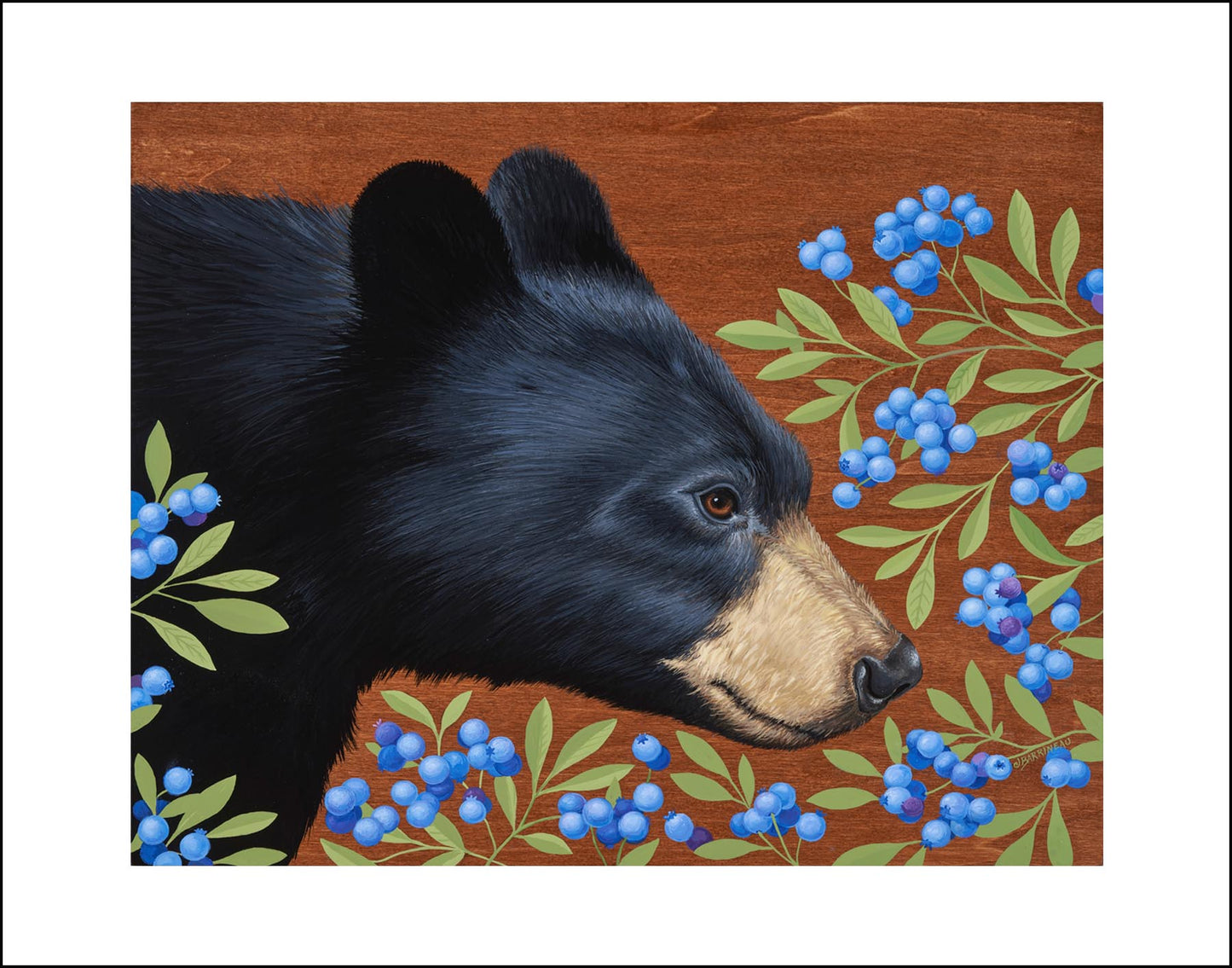 Home Decoration, Interior Design Bear wall art by Asheville, North Carolina Artist Jennifer Barrineau, acrylic on wood painting black bear art print with blueberries and blueberry plant green leaves with wood grain background.
Hurricane Helene disaster artist in need.