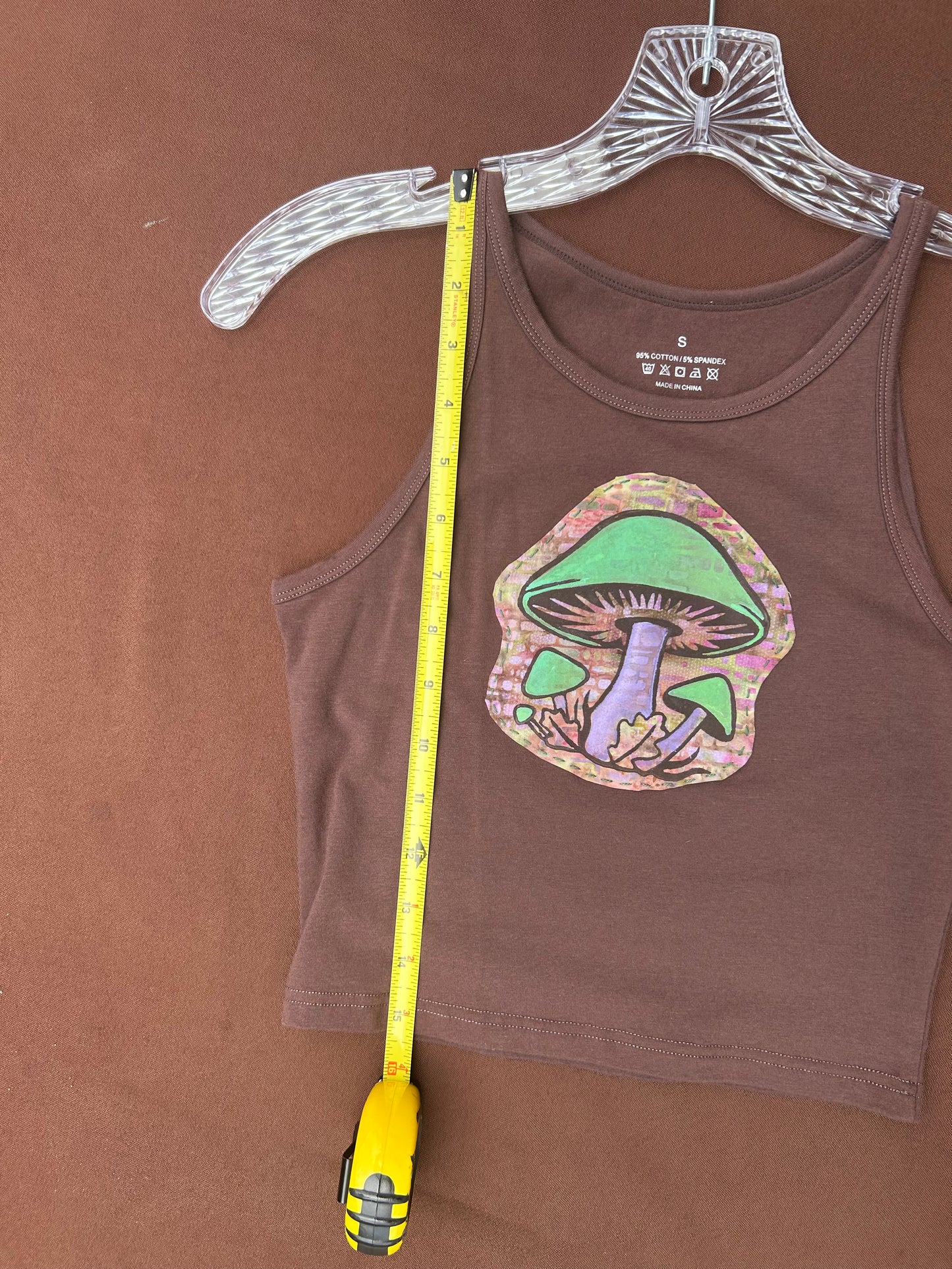 Super soft brown crop tank with hand made mushroom patch embroidered on front