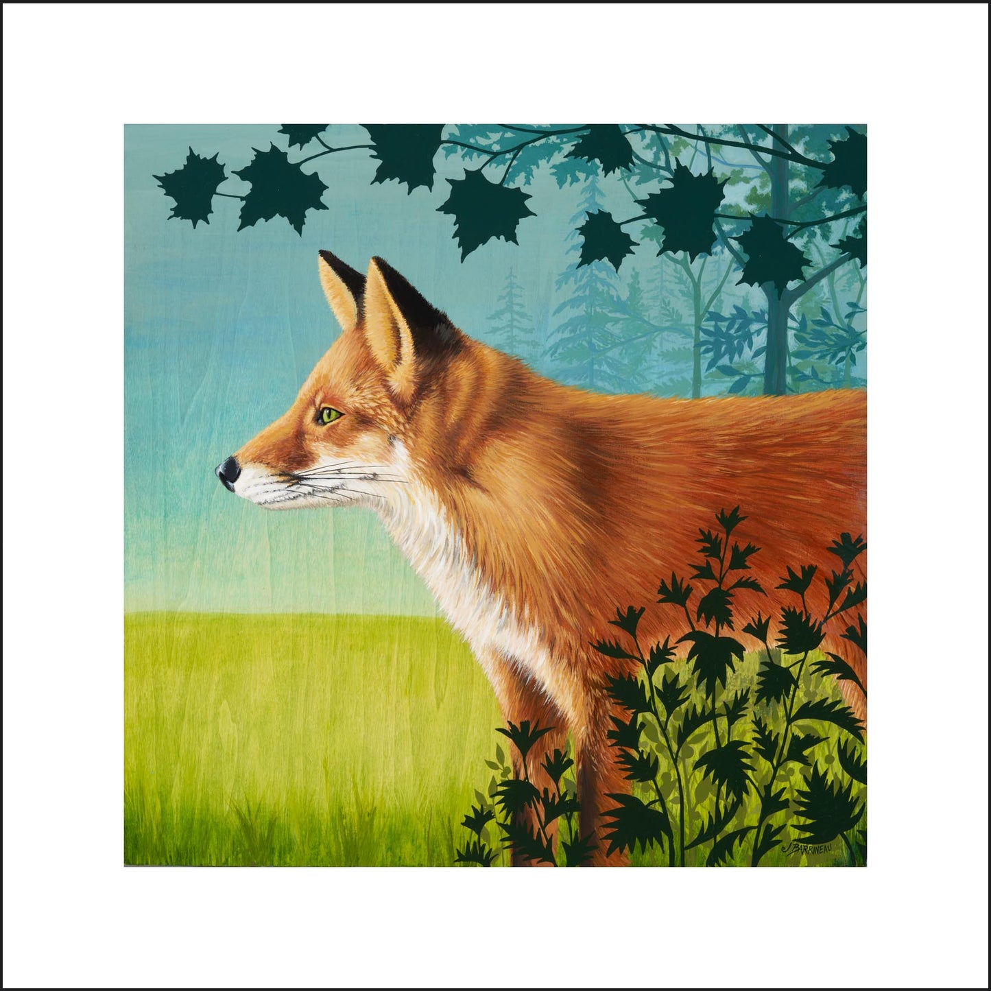 Red fox profile, with bue and green background, trees bushes