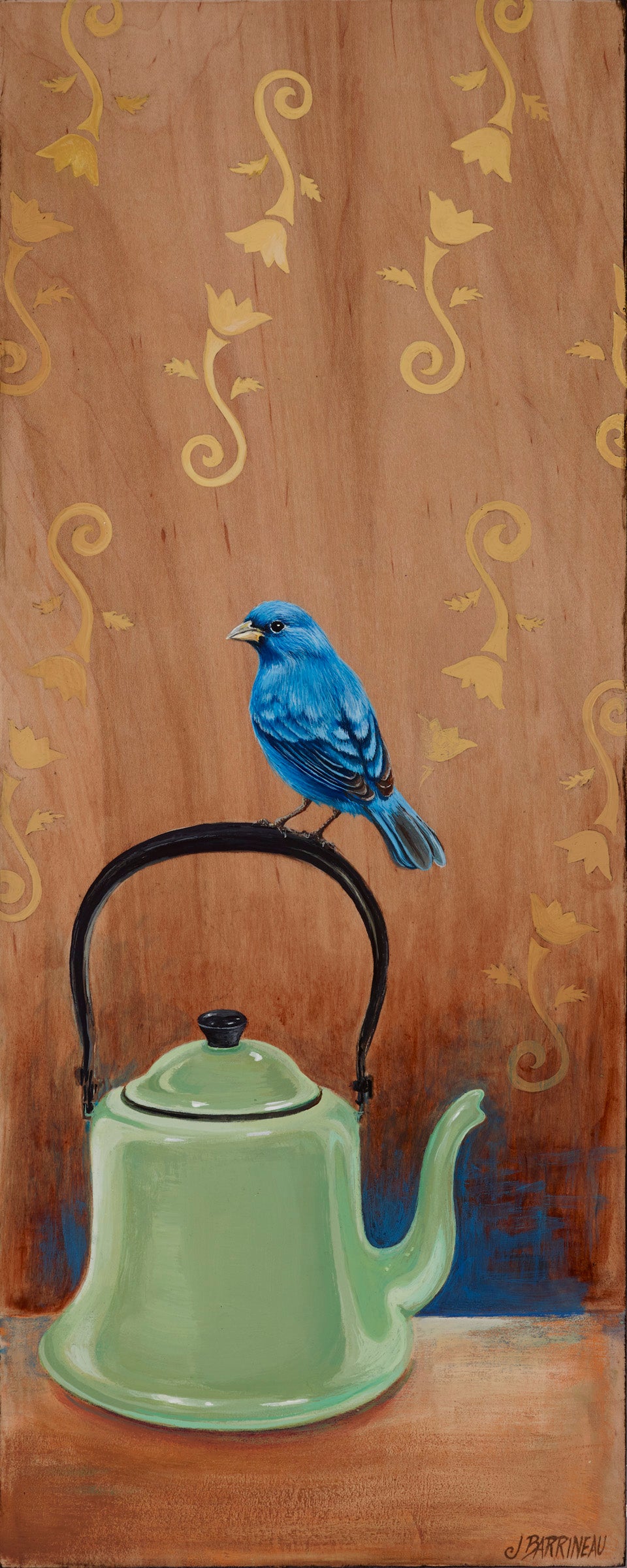 Indigo Bunting on a Tea Pot Original Painting
