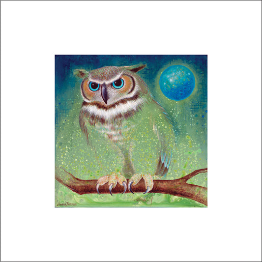 great horned owl art, owl wall art blue green , home decor blues greens owl art, Asheville Art, nature animal art