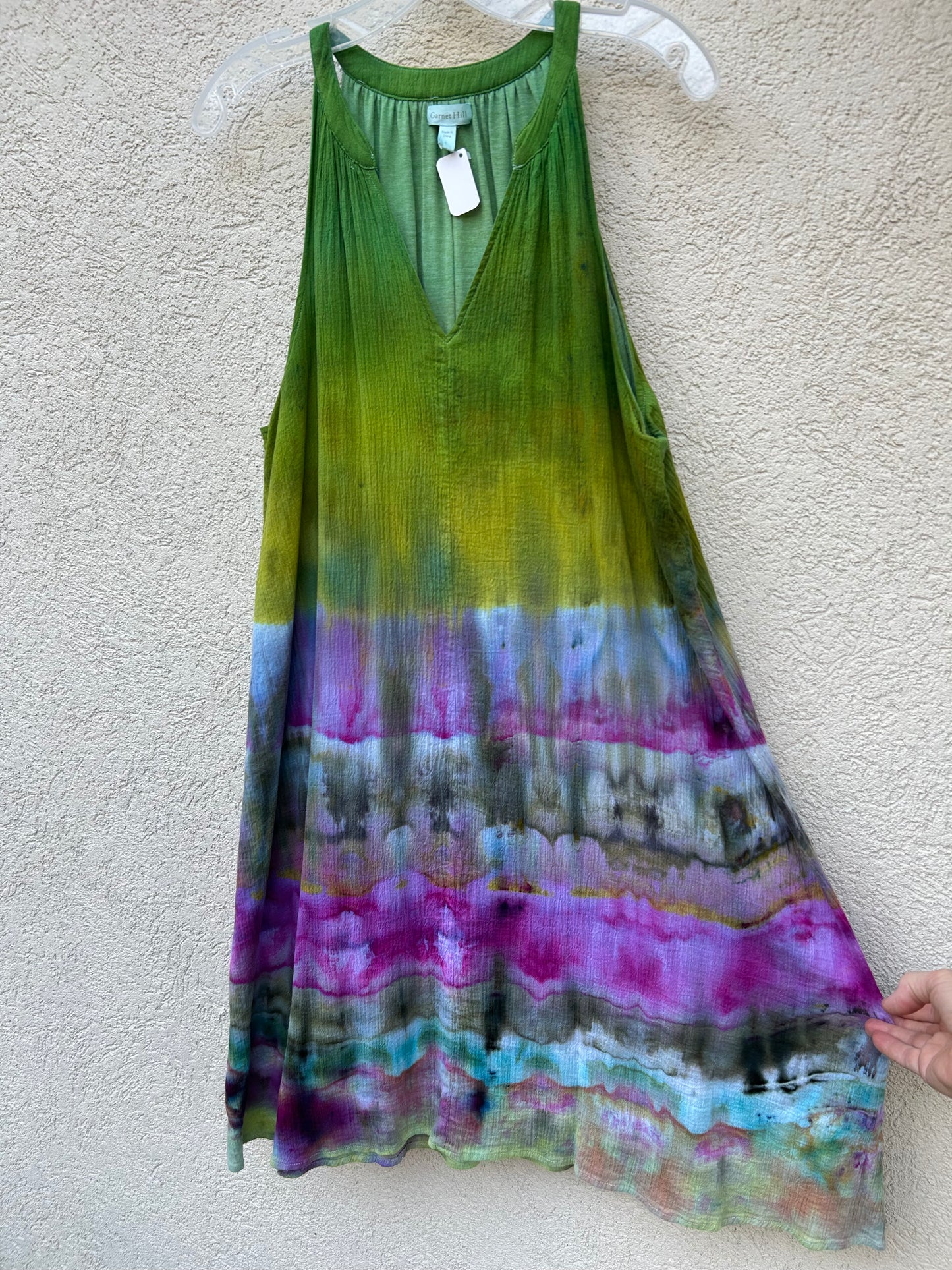 Tie Dye Dress Garnet Hill size large green at top ice dye cotton dress