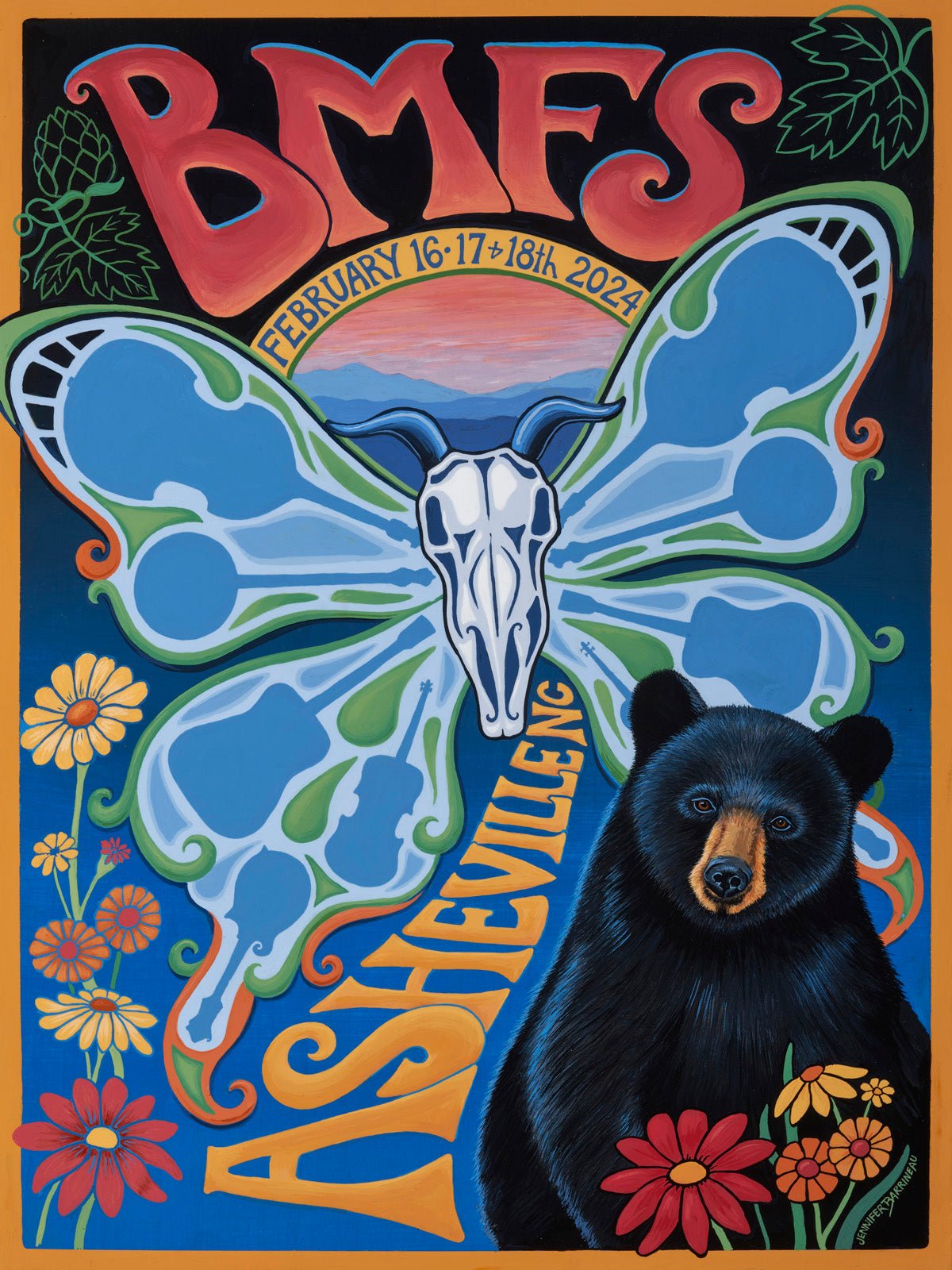 Billy goat skull, strings, guitar, banjo, Asheville black bear with flowers, bmfs poster concert