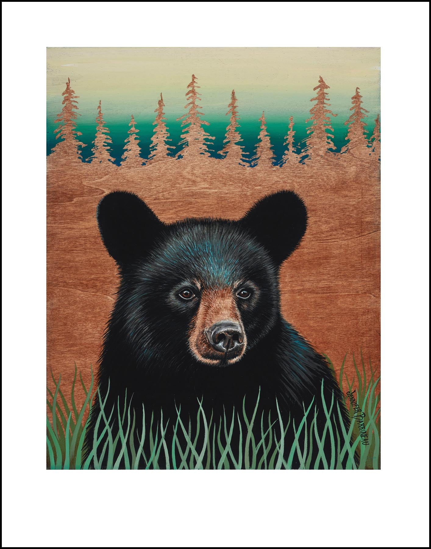 Cute black bear cub, in green grass with wood grain pines, and teal sky in background.