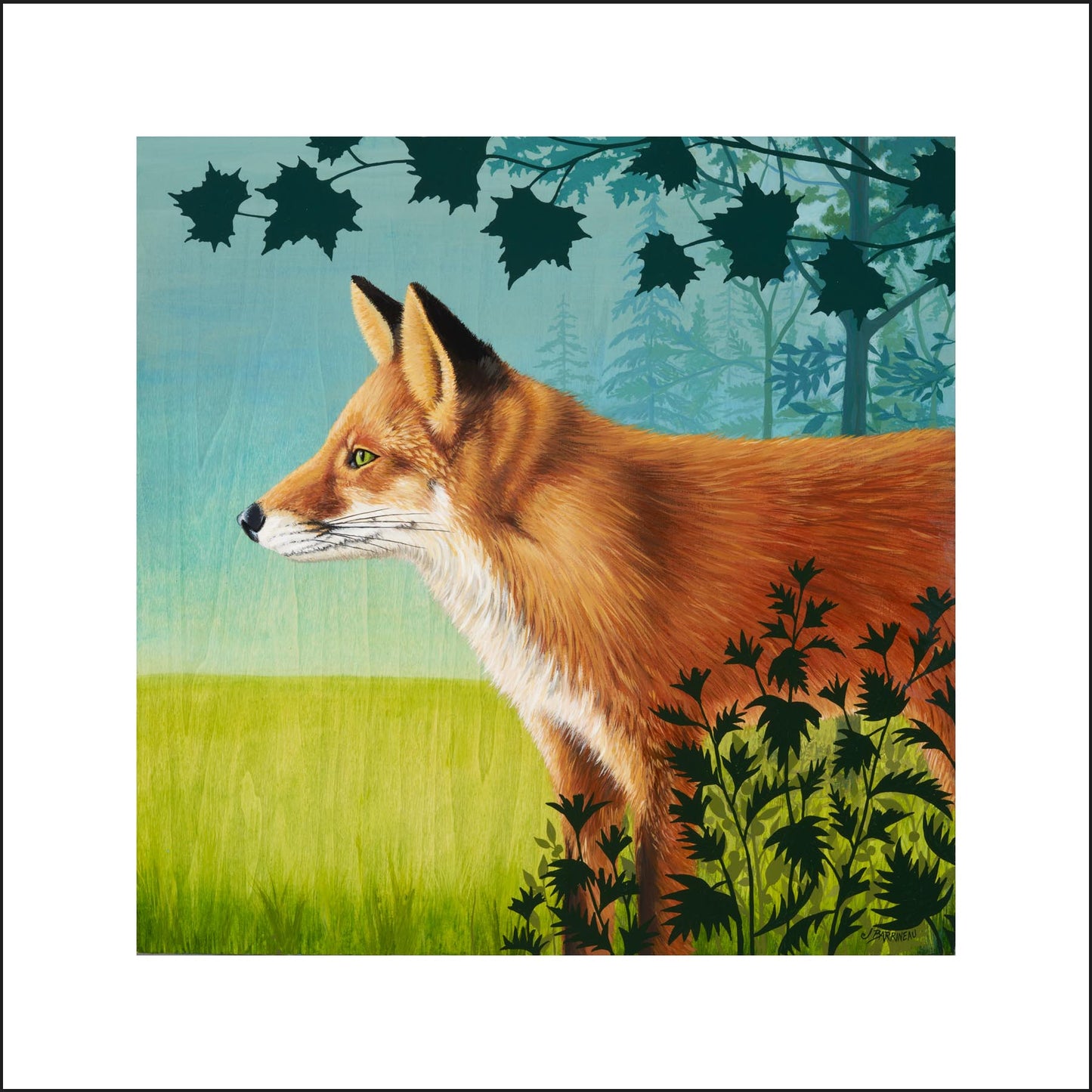 Red fox profile, with bue and green background, trees bushes