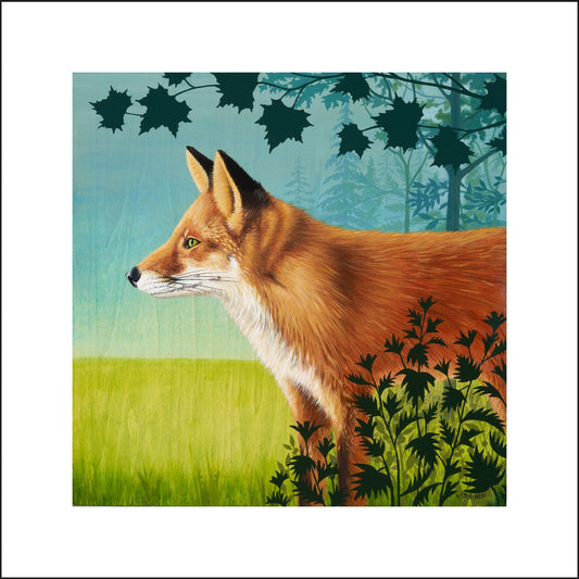 Red fox profile, with bue and green background, trees bushes