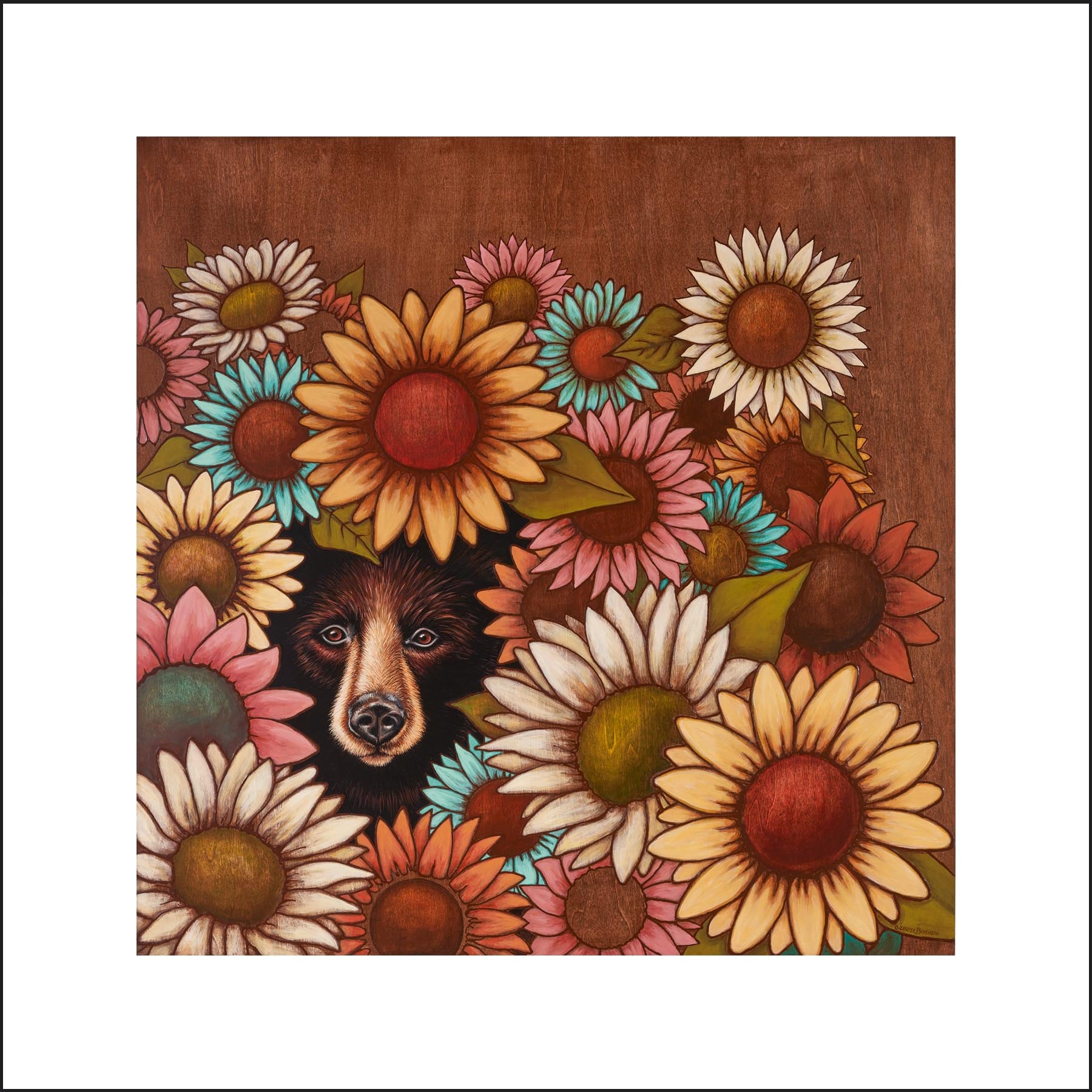 Cute black bear face peeking through giant colorful sunflowers of pink, teal ,gold, orange, and white