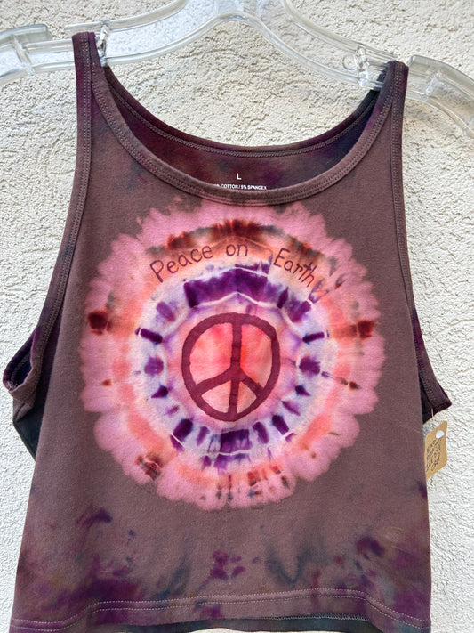 browns purples and pinks tie dye crop top tank with hand painted peace sign and words peace on earth size large fits tight soft stretchy 95 perent cotton