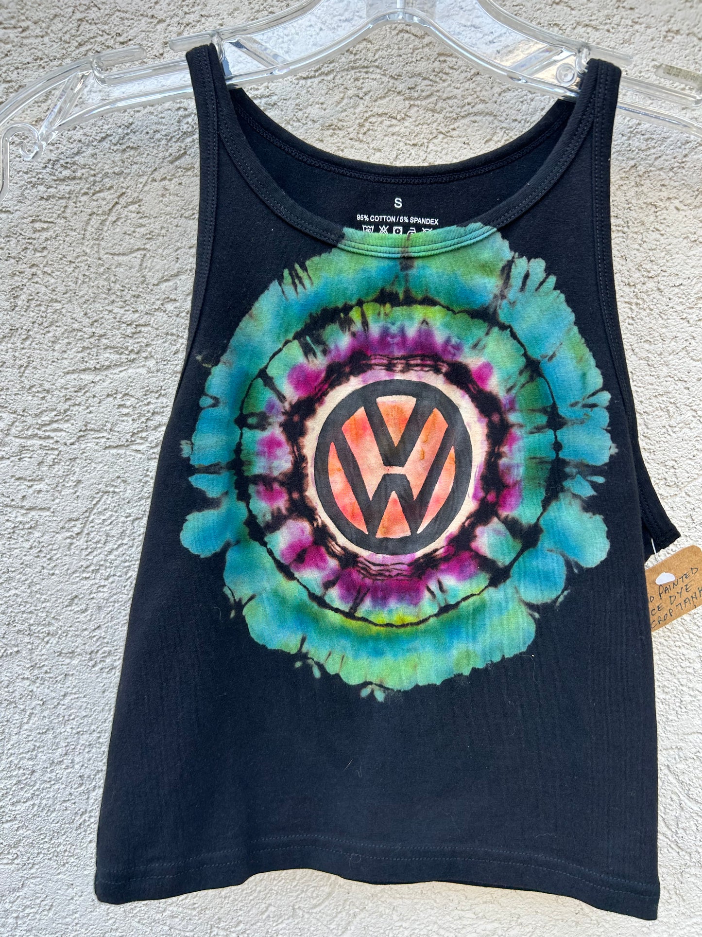 Womens black crop top tight fit tie dye hand stamped fabric ink Volkswagon Logo