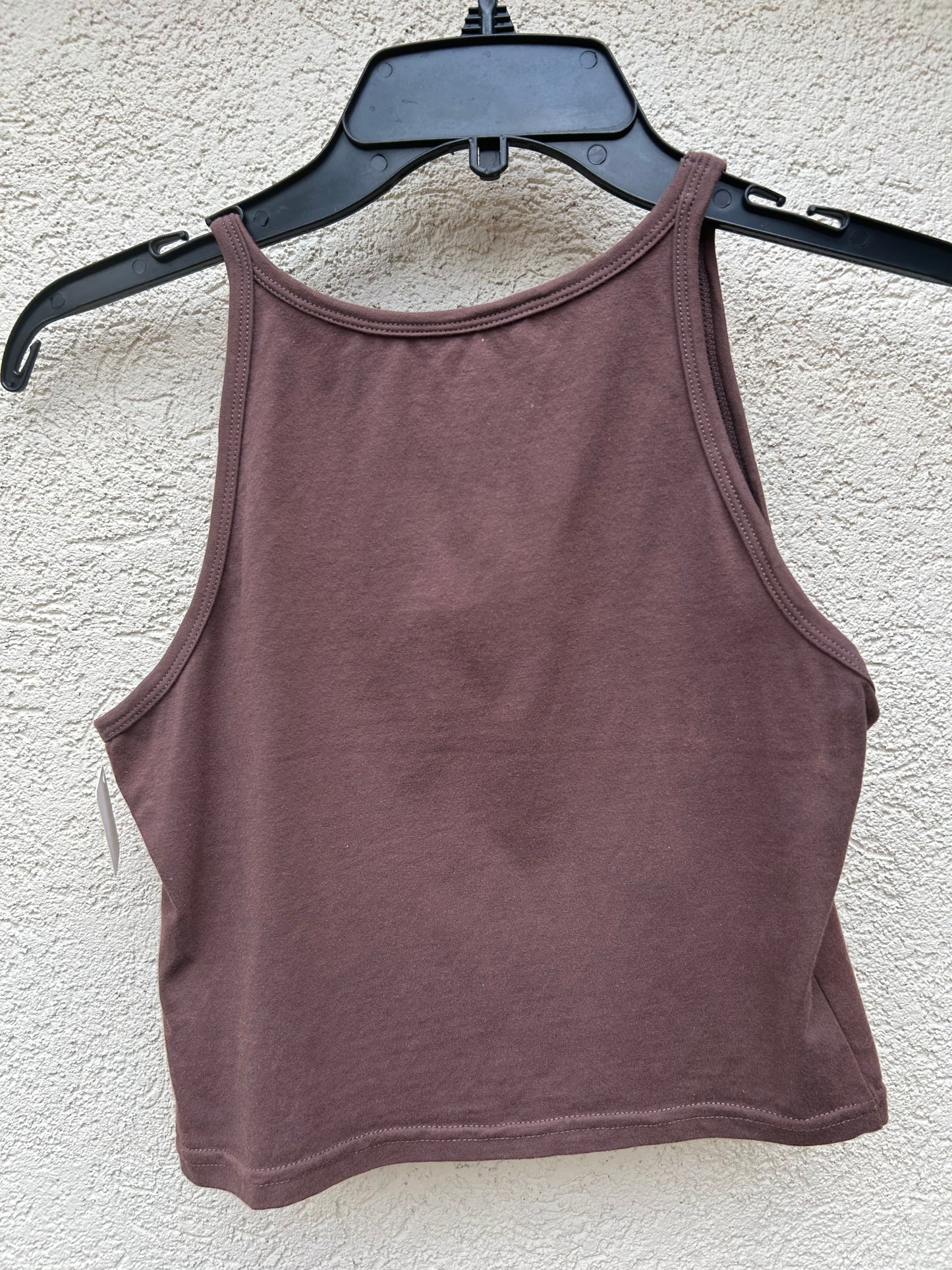 Super soft brown crop tank with hand made mushroom patch embroidered on front