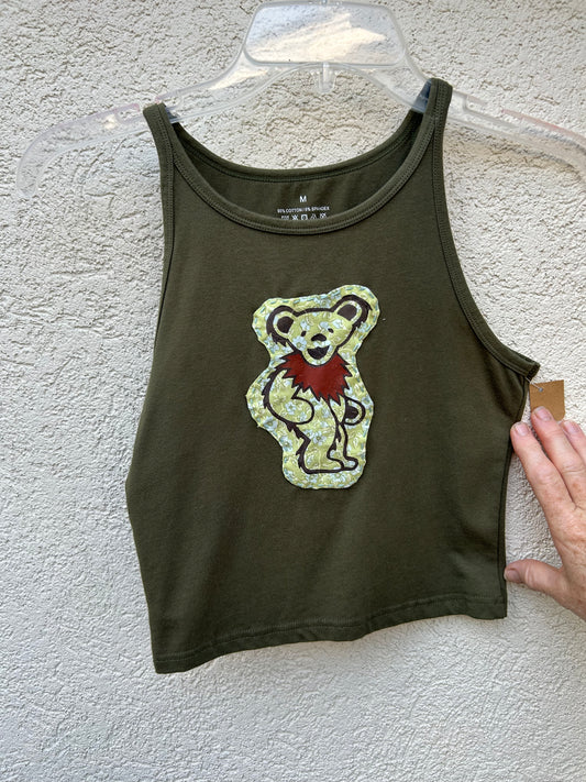 grateful dead dancing bear embroidered patch on olive green crop top size medium