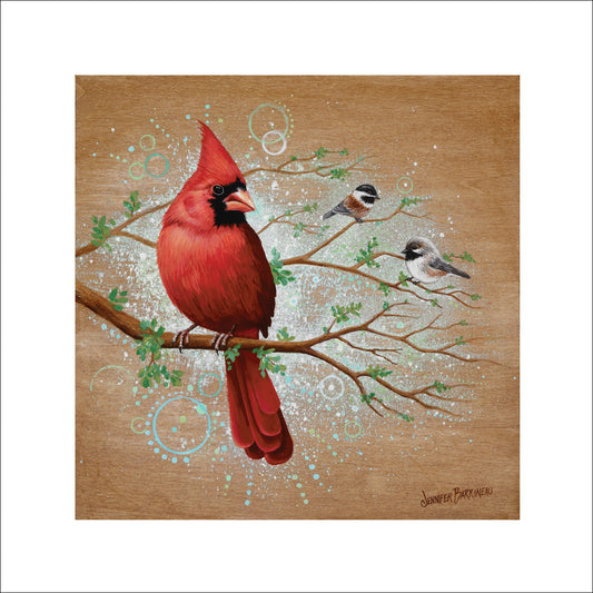 Feathered Friends | Print on Paper | 12 x 12 | Cardinal on a branch with Chickadees