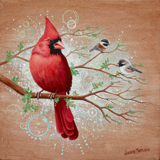 Feathered Friends Cardinal with Chickadees Original Painting