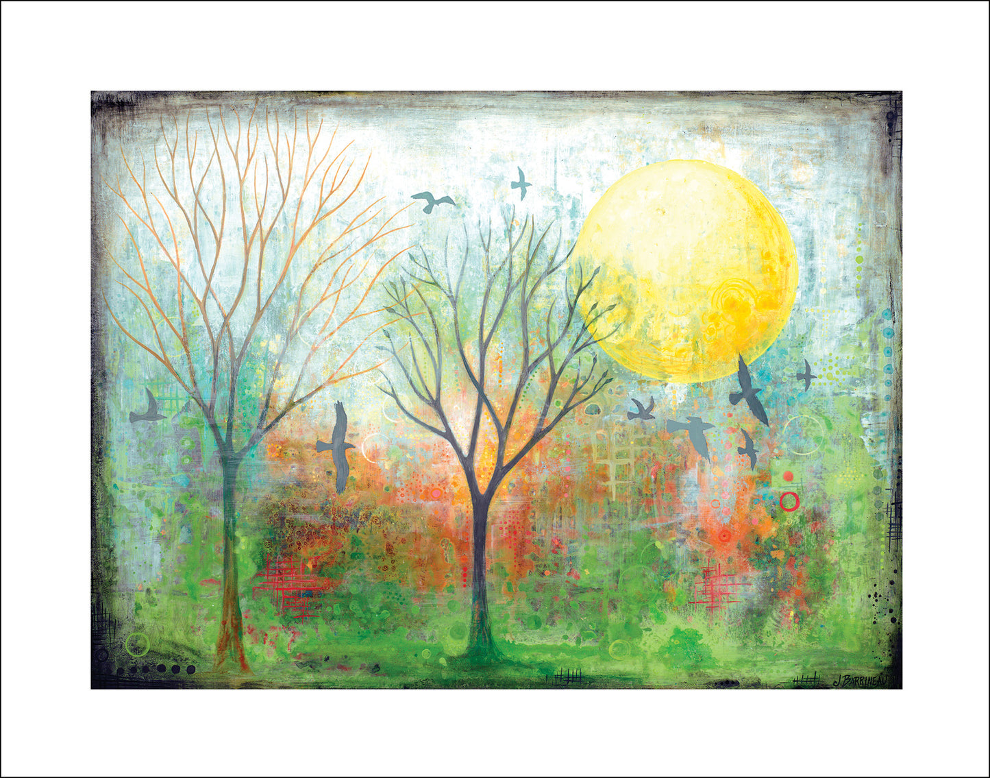 Day Glow | Print on Paper | 11 x 14 | misty tree scene with big yellow sun and birds