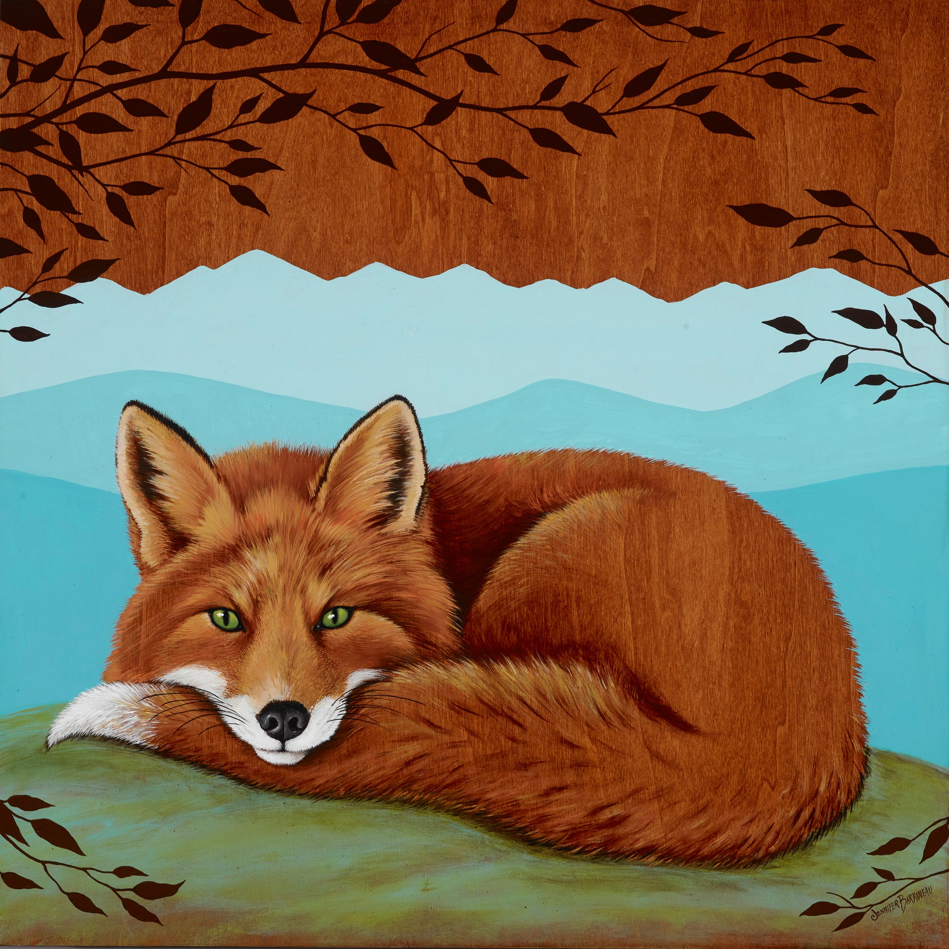 Tranquil red fox lying with tail curled to front. Mountain background. Wall art metal print fox.