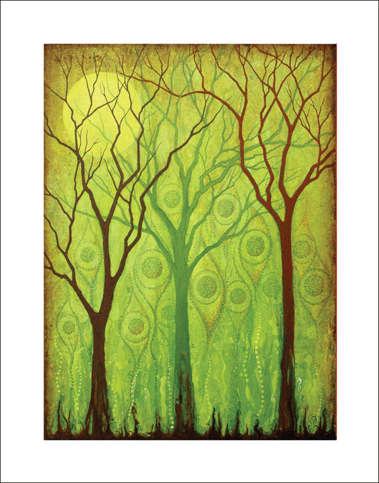 green tree art with moon, tree decor gift nature art, Asheville artist trees, moon and tree art with greens