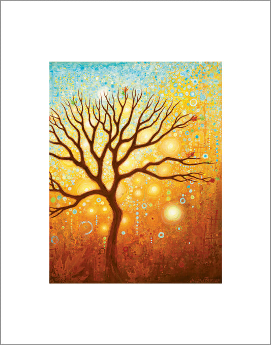 Home Decoration, Interior Design tree wall art by Asheville, North Carolina Artist Jennifer Barrineau, acrylic painting tree art print with warm gold tones.