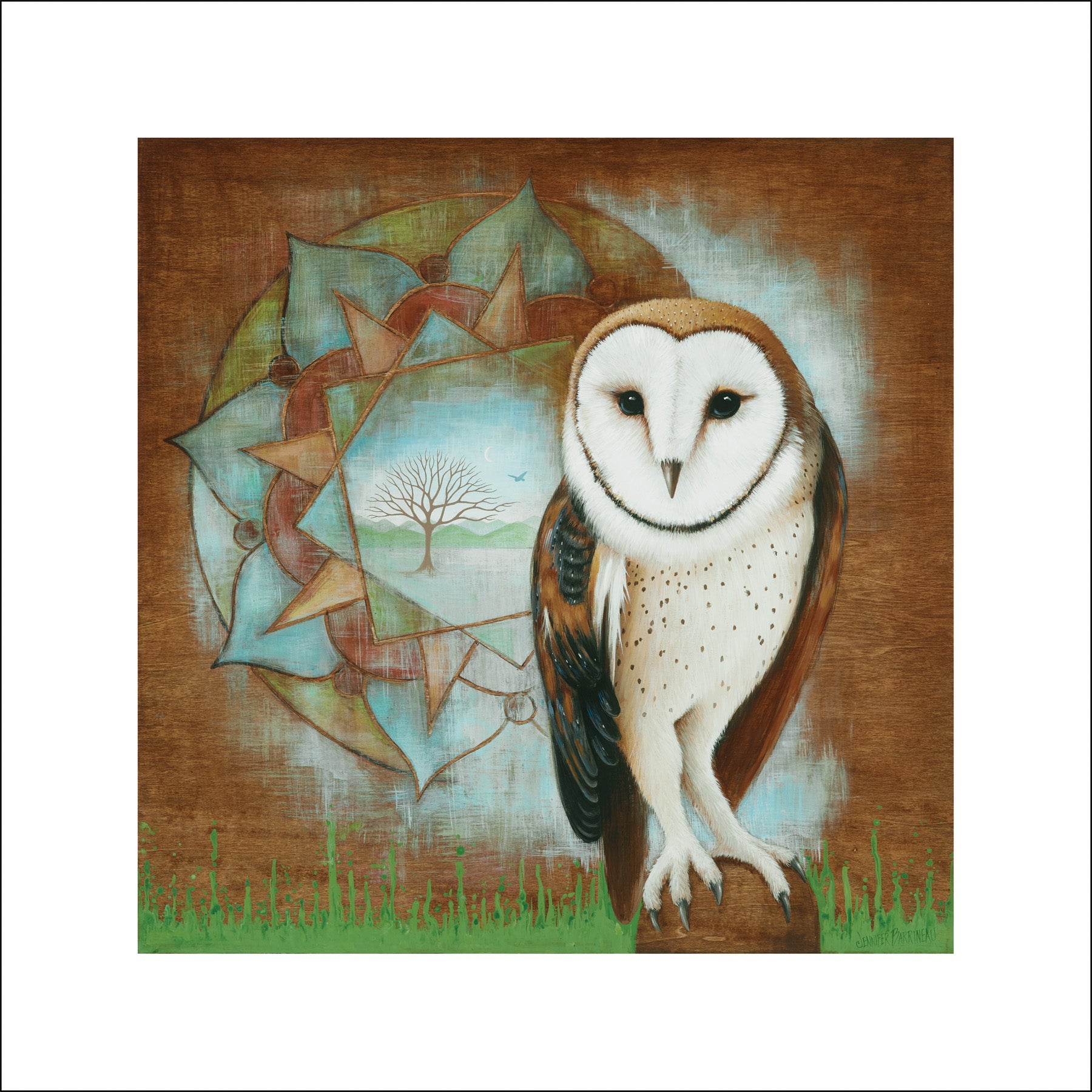 mandala, owl with mandala and tree art, barn owl, spiritual gift owl art, Asheville owl art, Asheville nature art