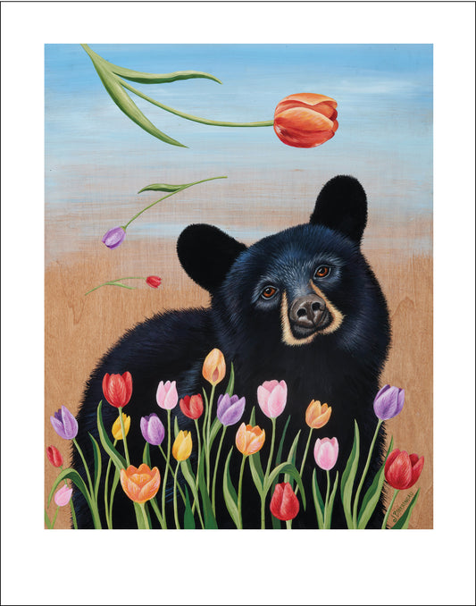 Tulip Bear Print on Paper playful young black bear with tulips