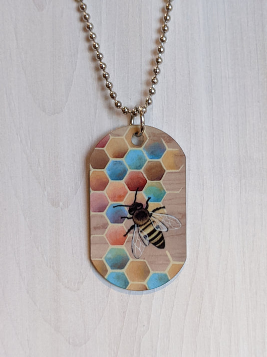 Honey Bee Necklace Metal Dog Tag with Chain